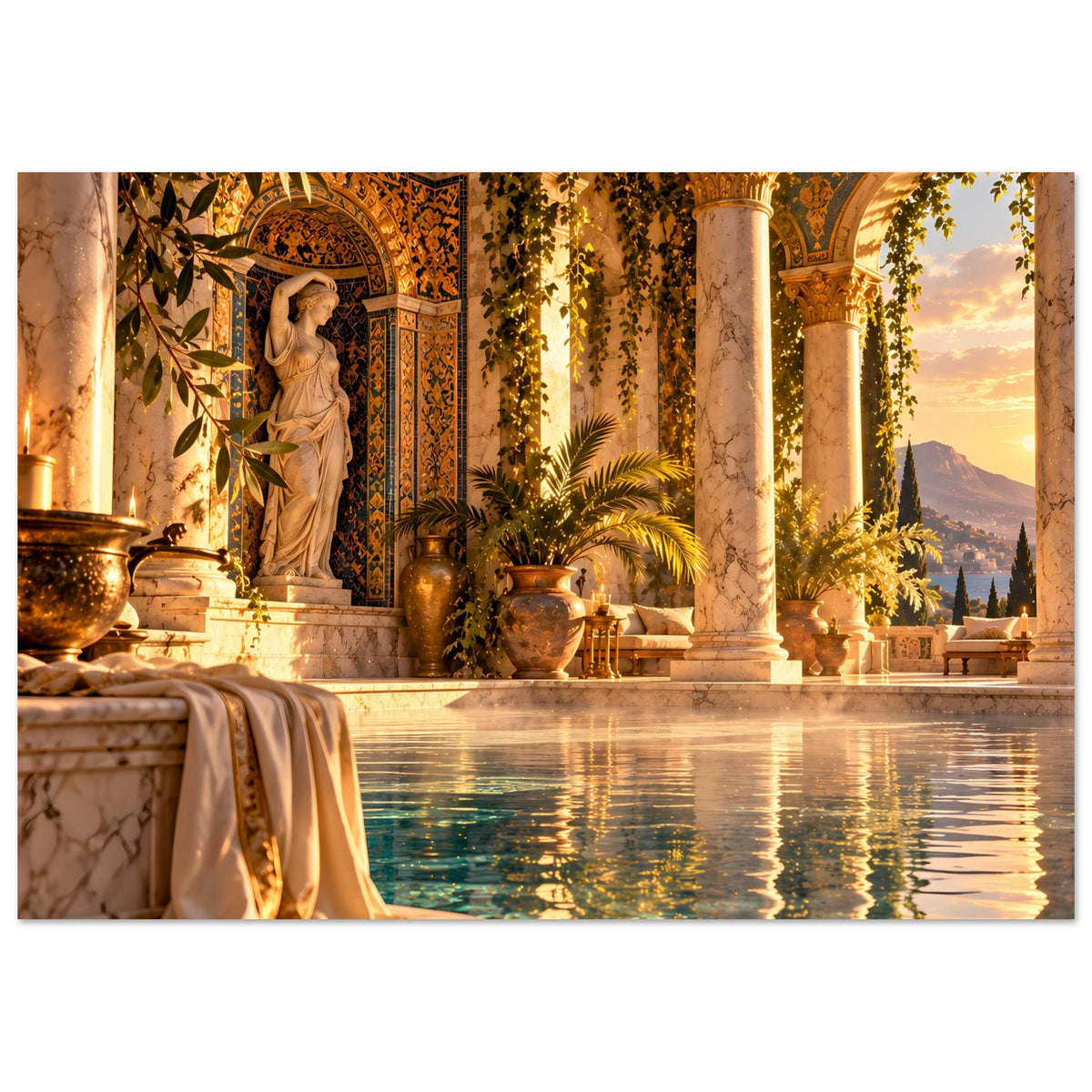 Wandposter mit Beckenwasser, Säulenreihe, Statue in ornamentierter Wand und Pflanzen