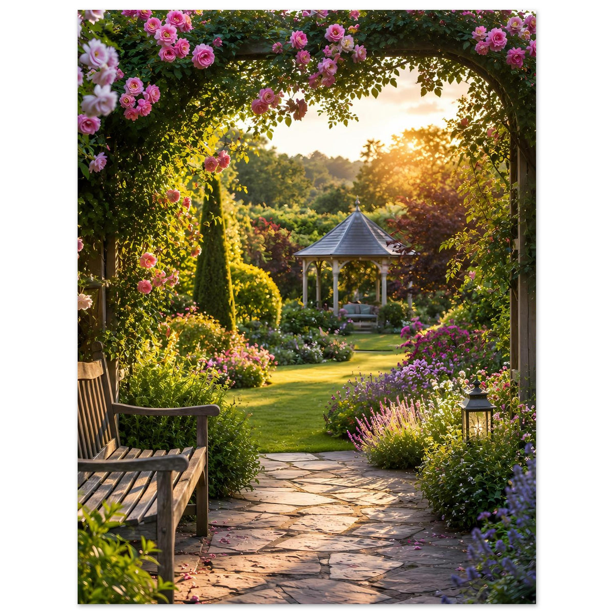 Naturposter mit Blütenbogen, Gartenweg, Pavillon in der Mitte