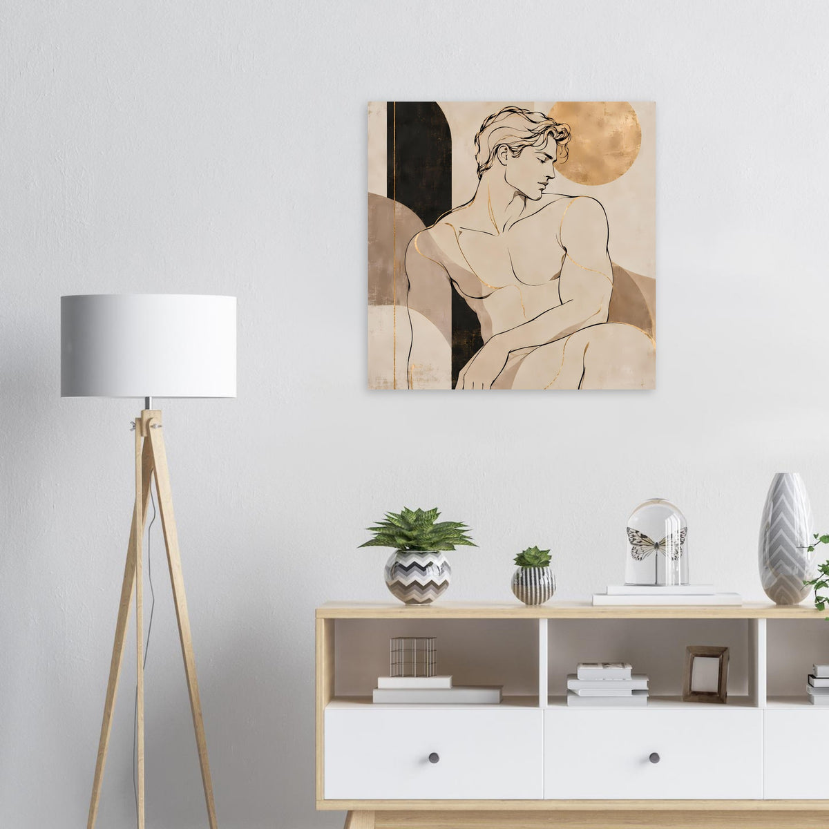 Kunstposter mit Aktfigur im Profil in warmen Erdtönen und goldfarbenem Kreis