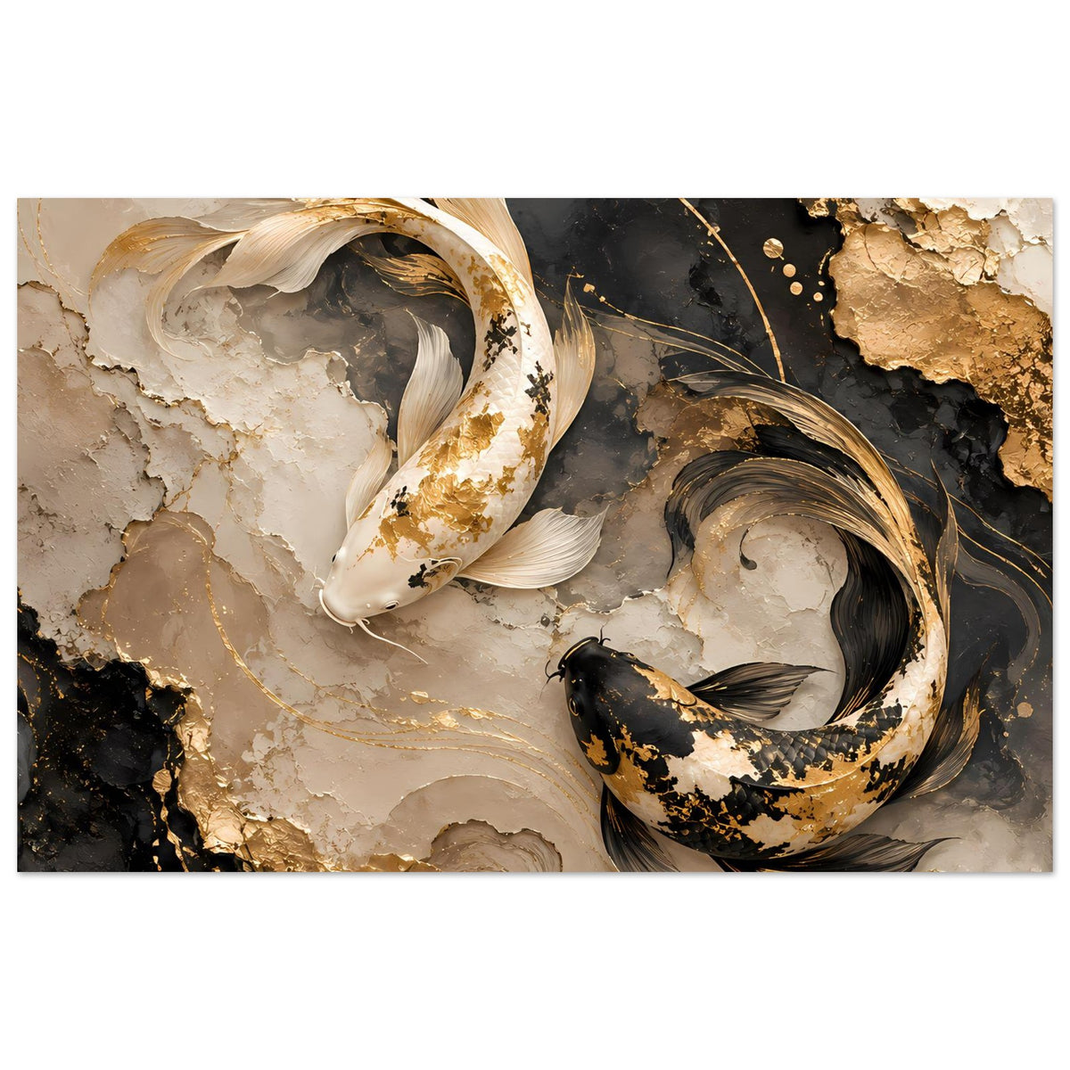 Wandposter mit goldenen Koi-Fischen auf schwarzem Gold-Marmor, abstraktes Design
