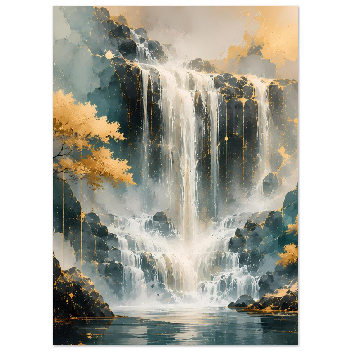 Wasserfall-Kunstdruck in Gold-Blau, vertikal, Posterprint mit dramatischem Wasserfall