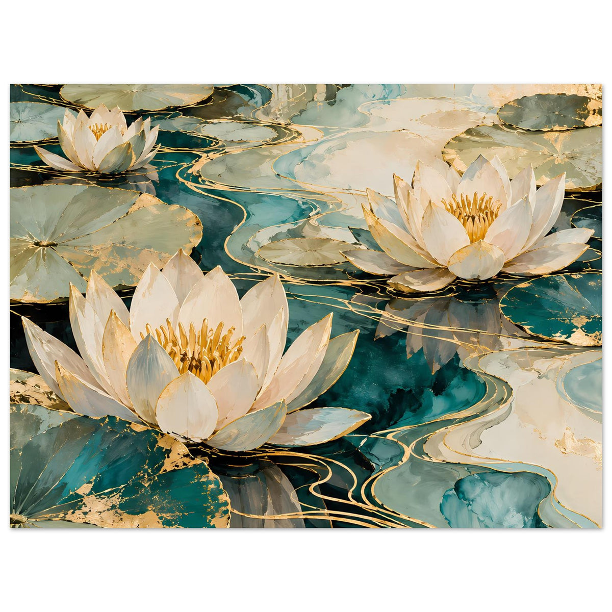 Horizontaler Druck mit Lotusblüten: weiße Seerosen, goldene Akzente, blau-türkise Strömungen