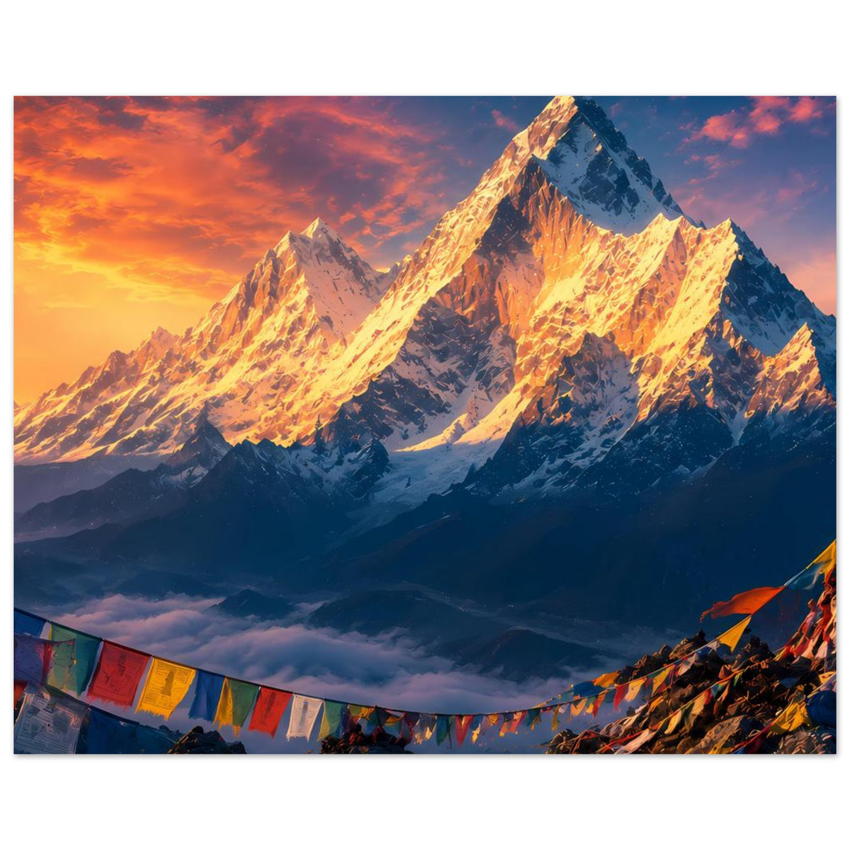 Querformat-Poster mit Himalaya bei Sonnenaufgang, dramatischer Himmel, Gebetsfahnen am Rand