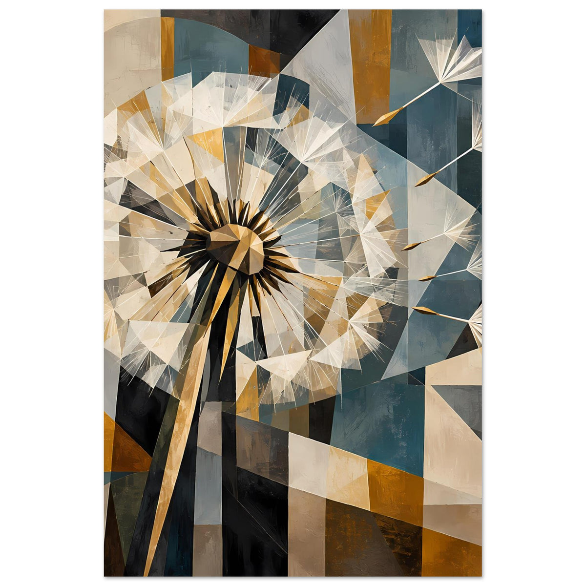 Vertikales Poster mit geometrischer Pusteblume, dunkles Blau und warme Ocker-Goldtöne