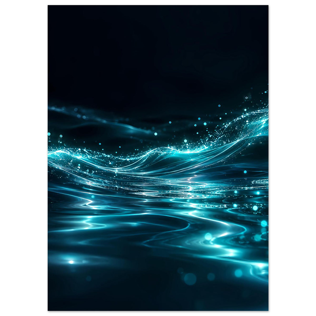 Abstraktes Poster im Hochformat: dunkler Hintergrund mit leuchtenden Teal-Wellen und Funken