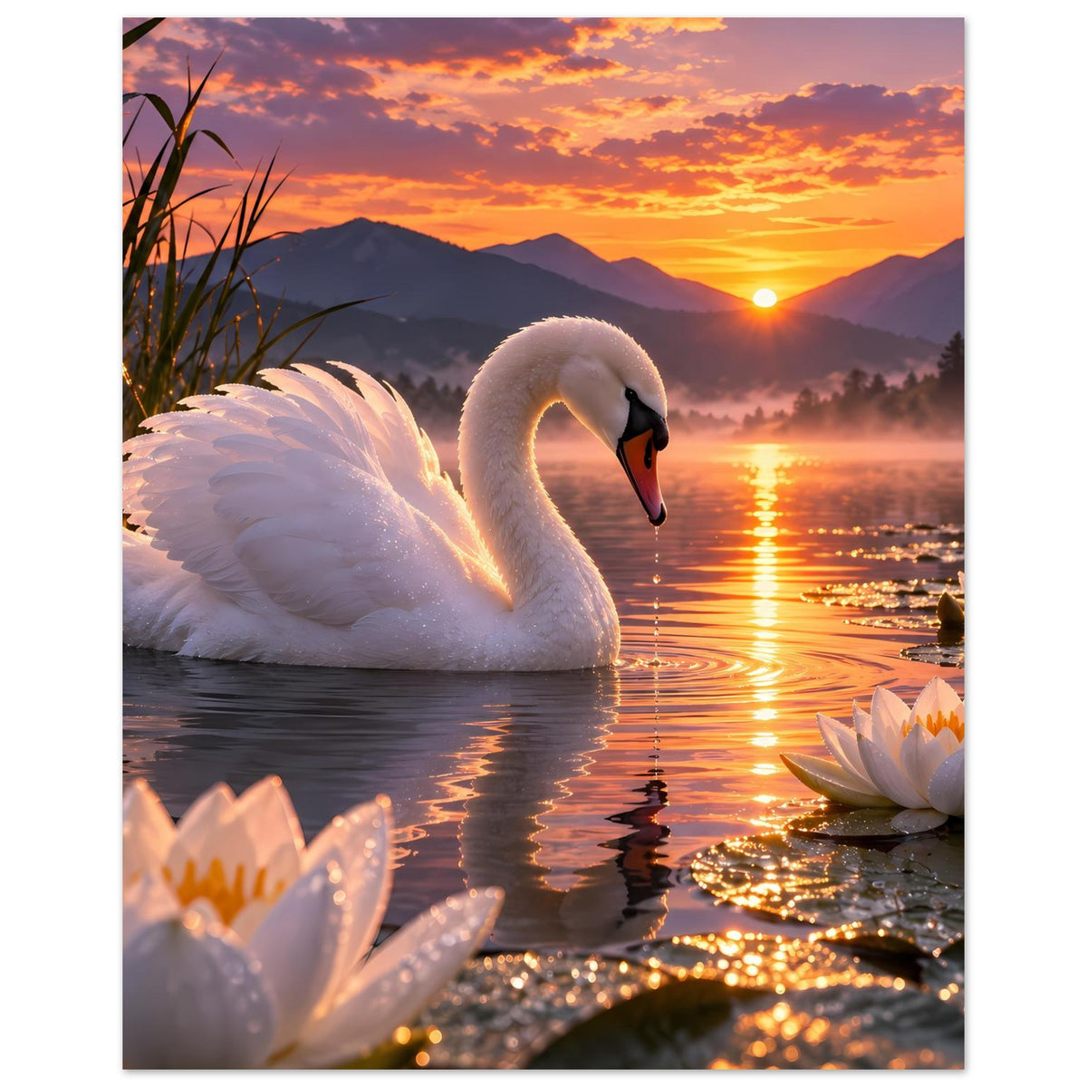 Poster: weißer Schwan auf See mit Seerosen, Sonnenuntergang über Berglandschaft