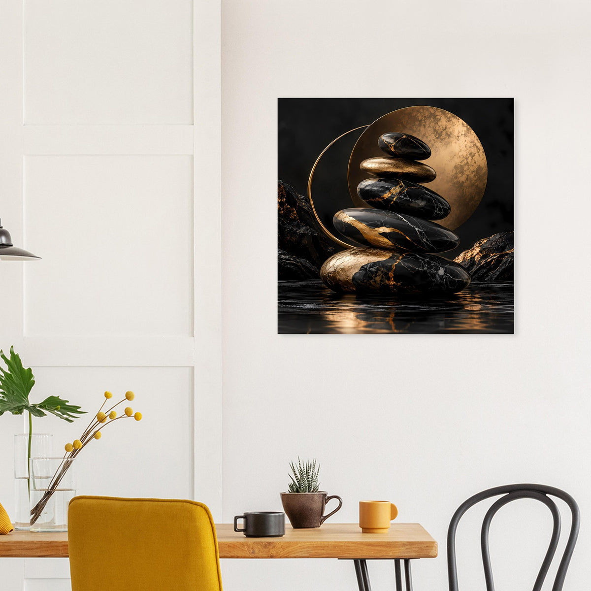 Zen-Stein-Poster mit schwarzen Zen-Steinen und goldener Mondscheibe über Wasser