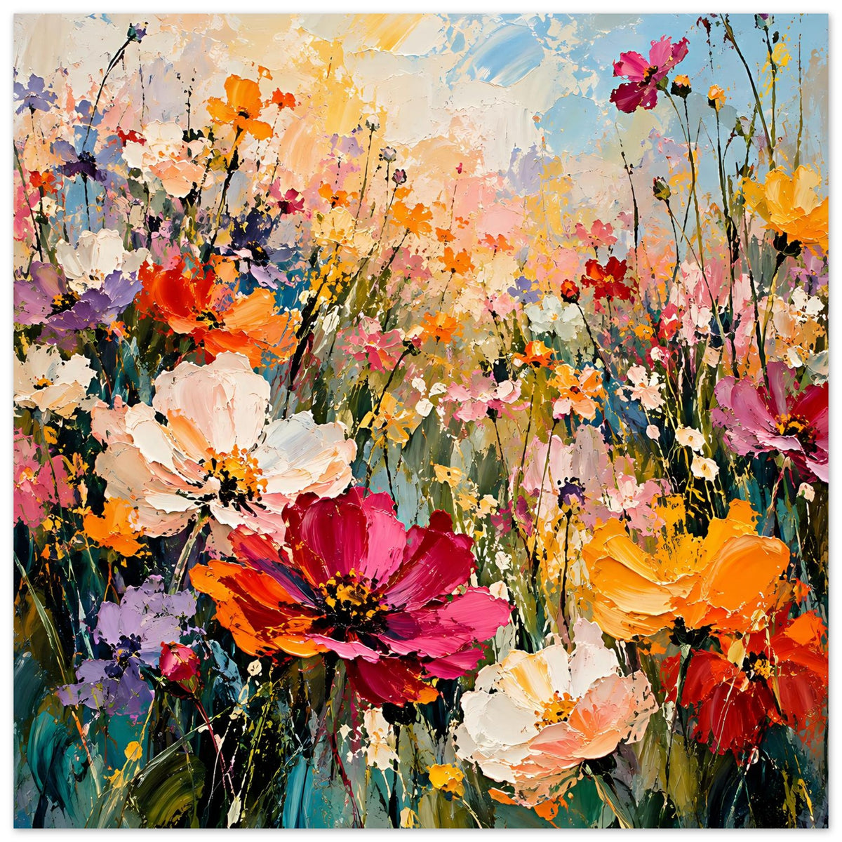 Breites Blumenposter mit kräftigen Blüten in Pink, Orange, Rot und weißen Akzenten