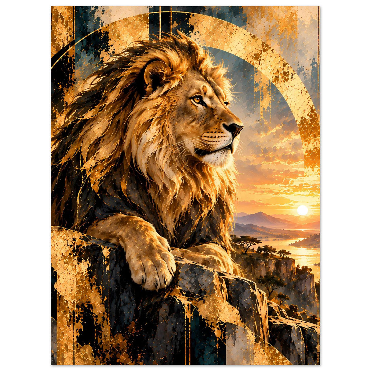 Vertikales Poster mit Löwe und bräunlich-goldener Landschaft bei Sonnenuntergang