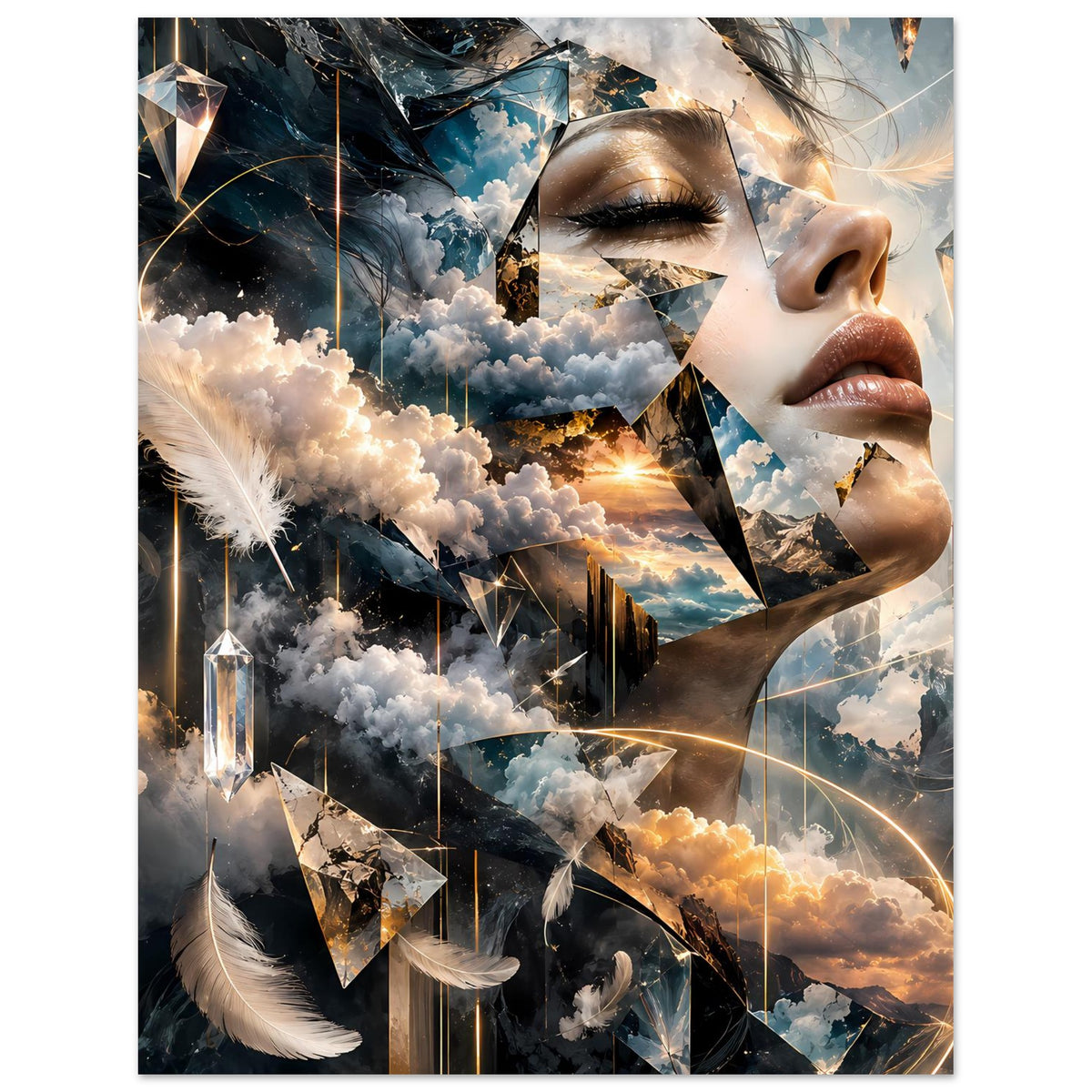 Surrealistisches Poster mit Frauenprofil, Federn und funkelnden Lichtdetails im Hochformat