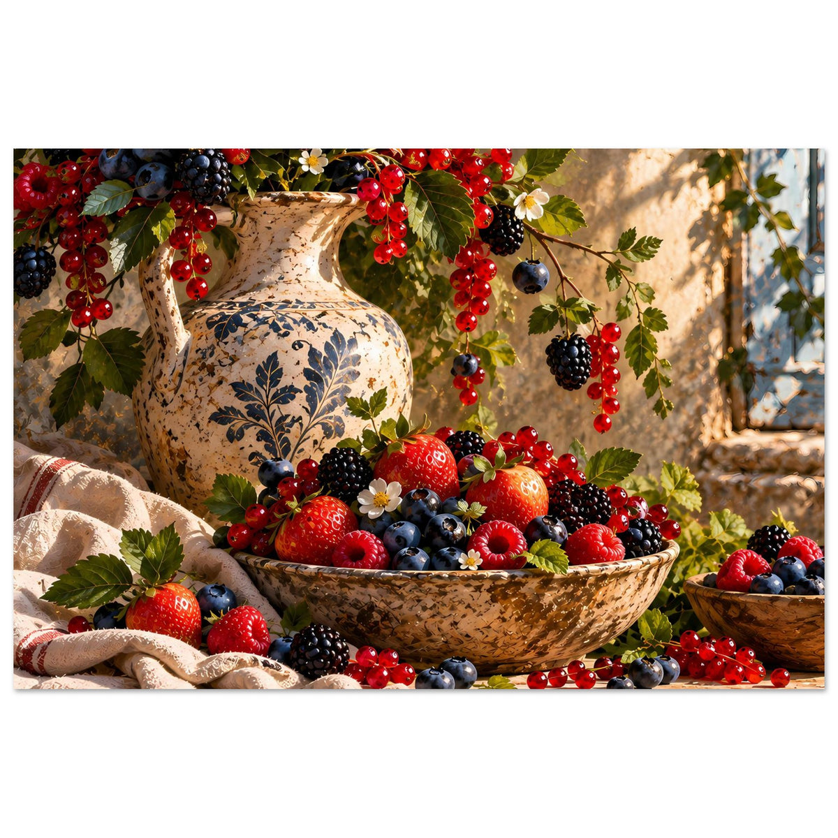 Beeren-Stillleben-Poster mit bemaltem Krug, Beerenstrauch und Stoff an der Unterkante