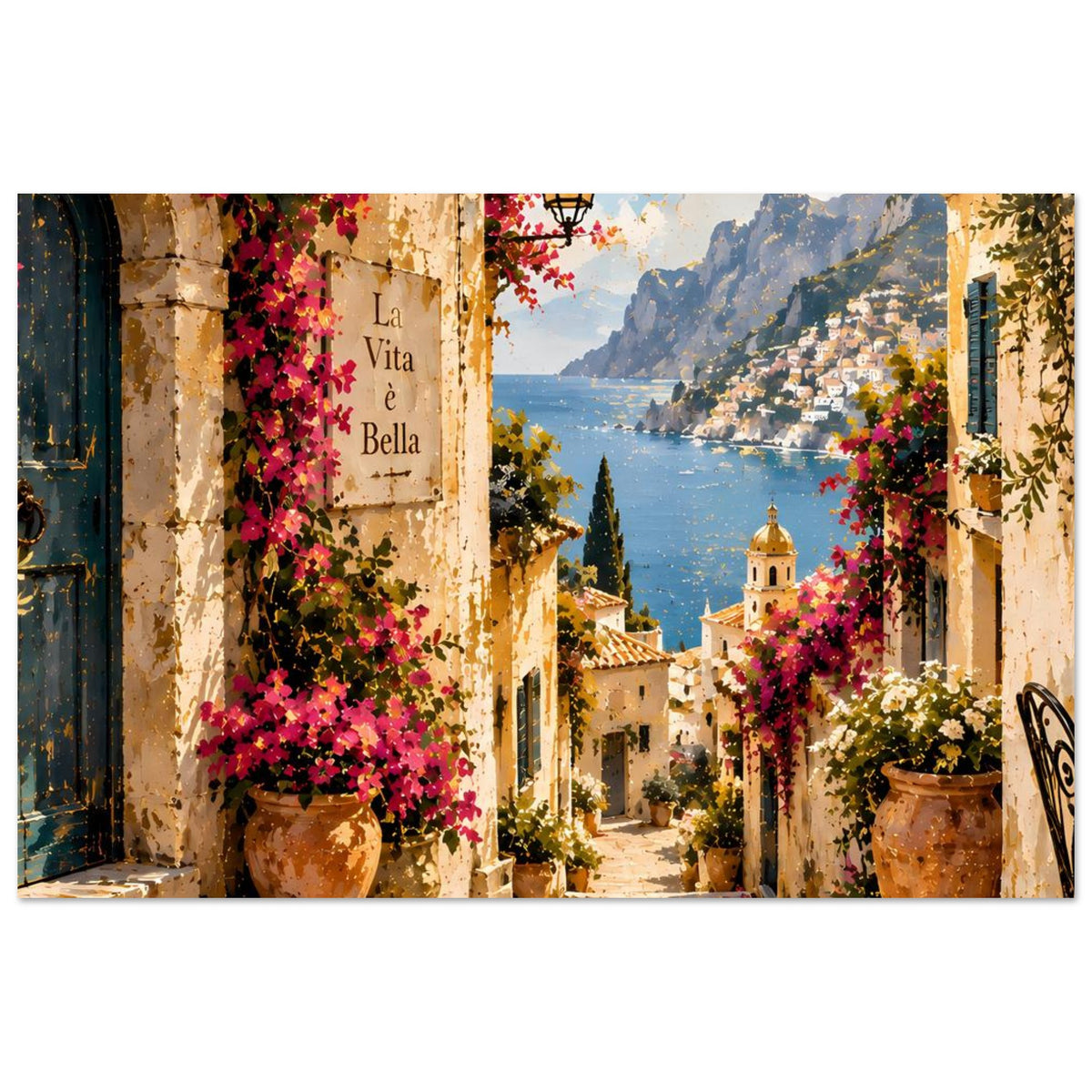 Poster im Querformat: mediterrane Gasse mit Blumenranken, Laterne und See bei Bergen