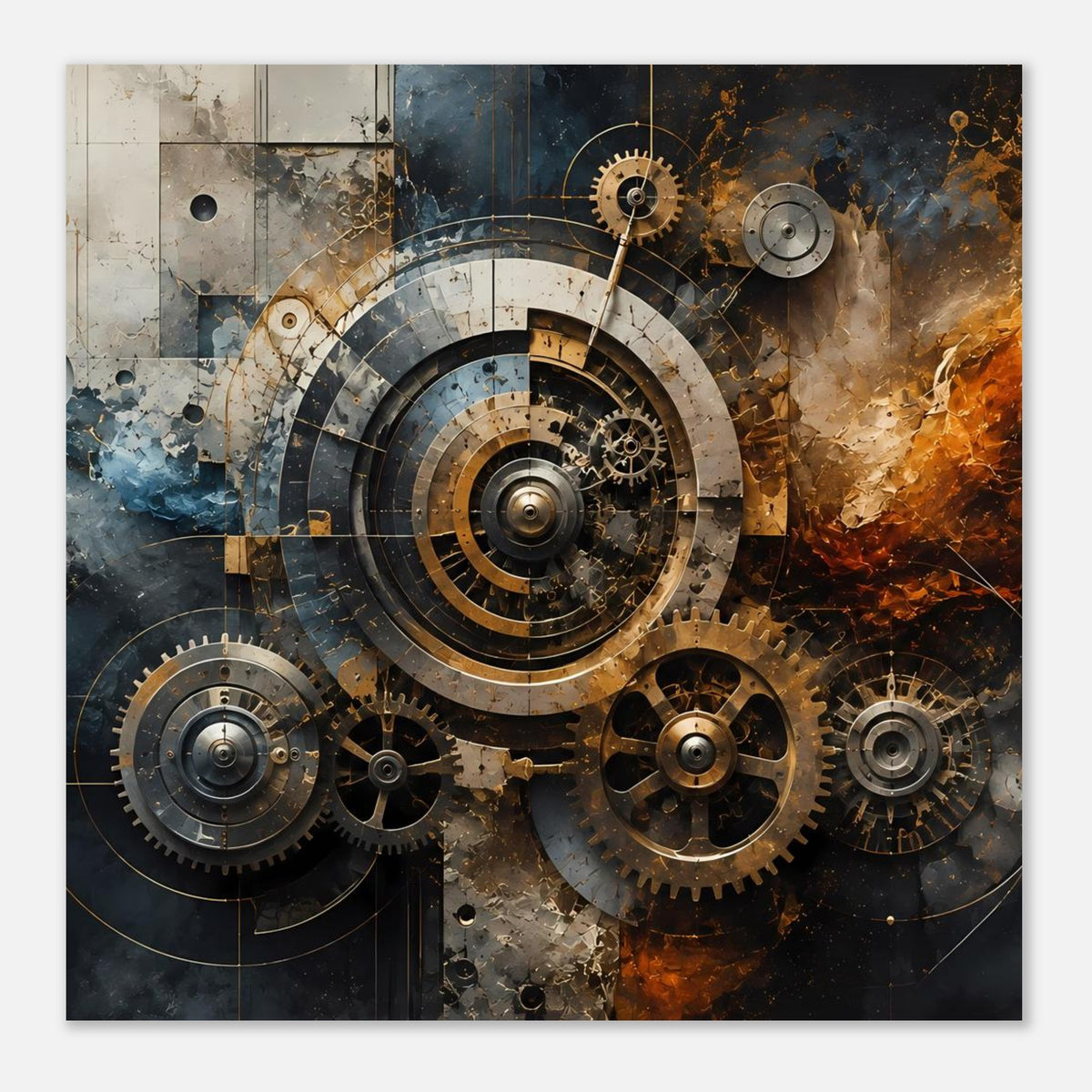 Steampunk-Poster im Querformat: zentrales Zahnrad, umliegende Zahnräder und Ringe