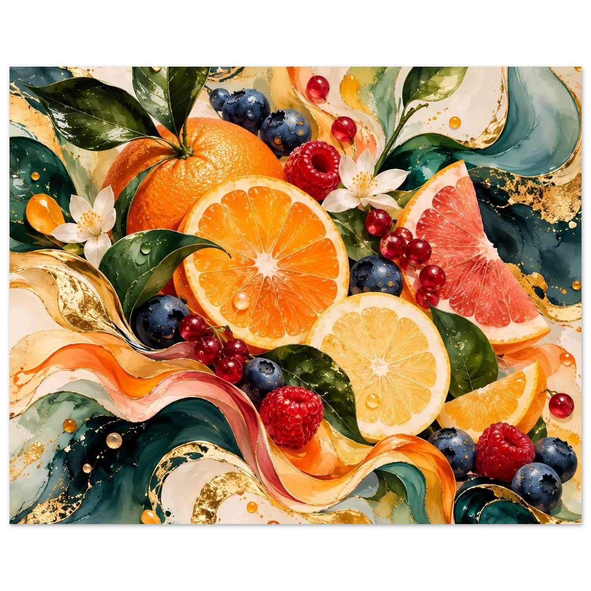 Poster mit Obstmotiven: große Orange, Zitronenscheibe, Beeren und bunte Farbbänder