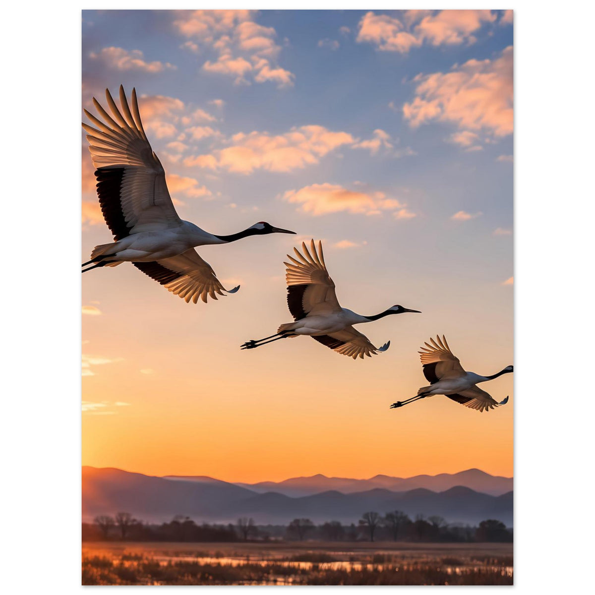 Poster: drei fliegende Kraniche bei Sonnenuntergang, orange-grauer Abendhimmel