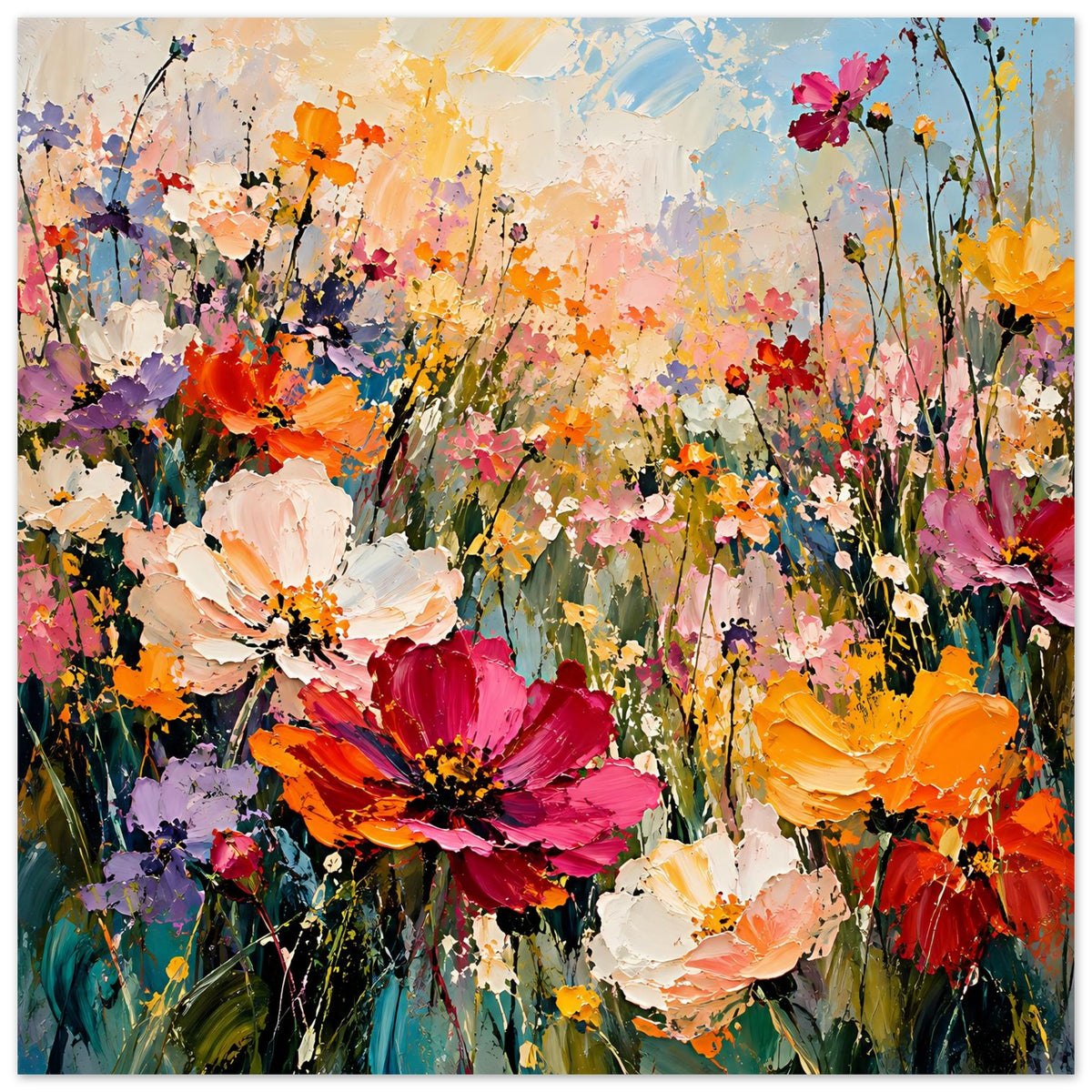 Vertikales Blumenposter mit großen Blüten und vielen kleinen Blüten, farbenreiches Spray-Motiv