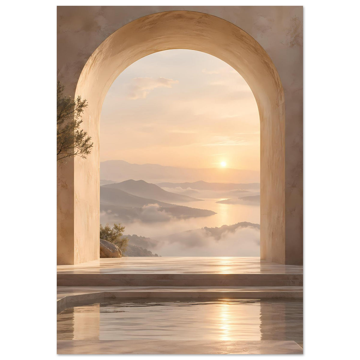 Wandposter: Rundbogenfenster mit Sonnenaufgang, Bergkette in der Ferne, dichter Nebel, Wasserreflexe
