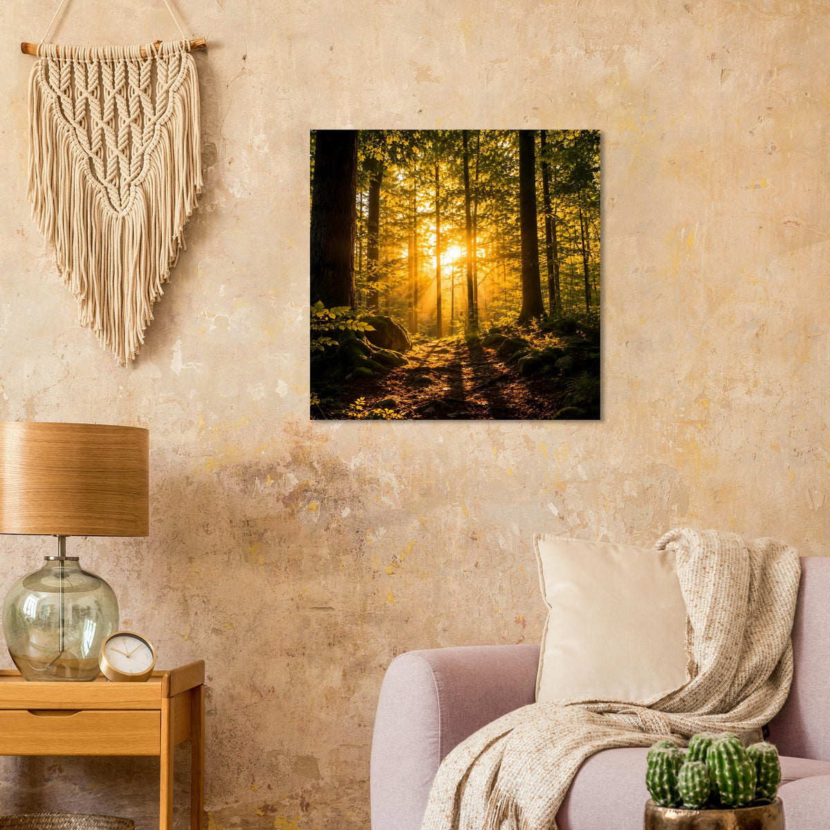 Quadratisches Poster mit Waldweg und Sonnenstrahlen zwischen dicht stehenden Bäumen