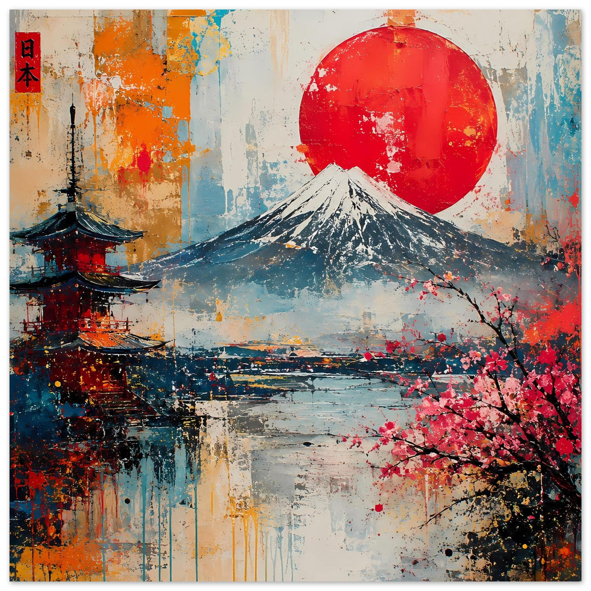 Japanisches Landschafts-Poster mit Fuji, roter Sonne und Kirschblüten am Flussufer