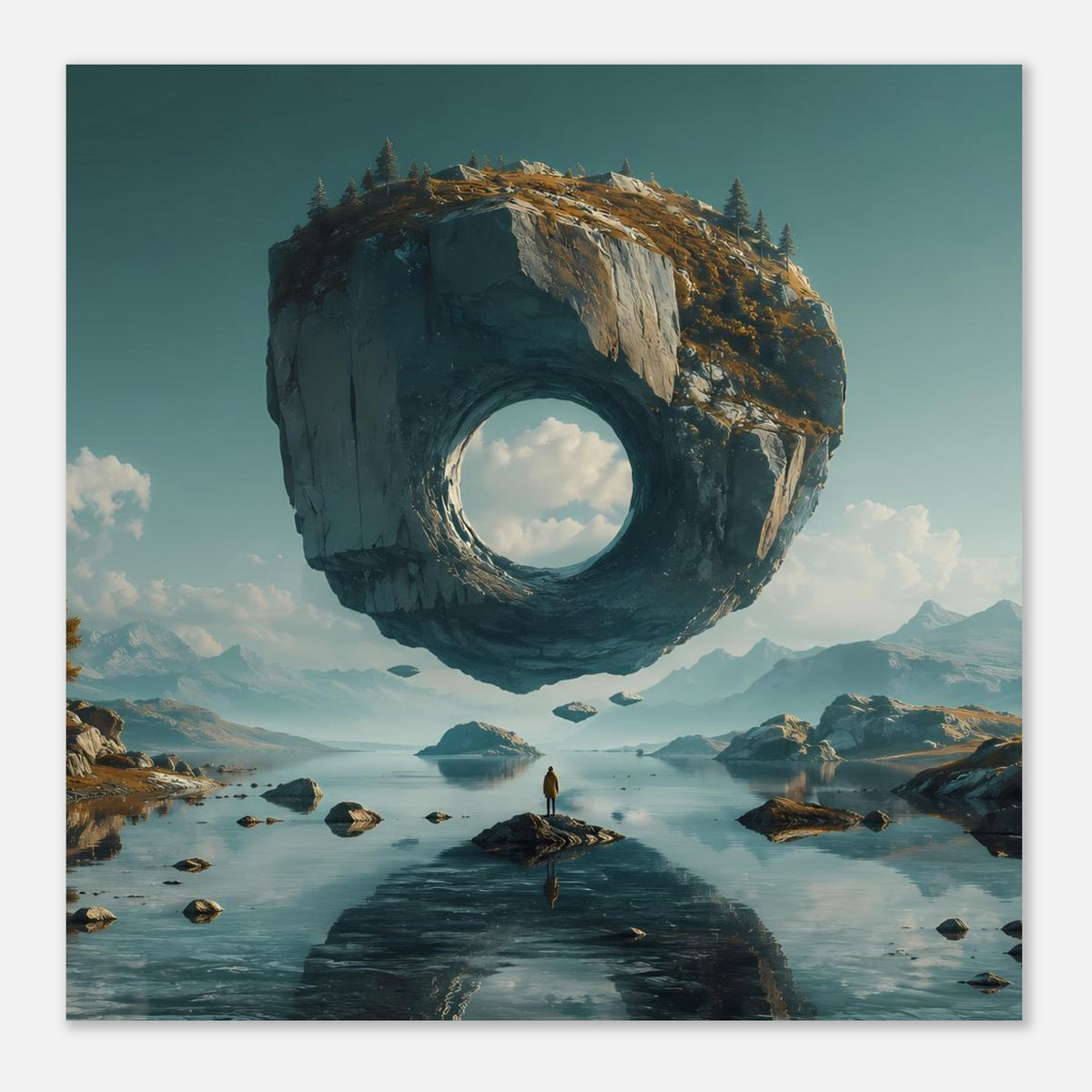 Surreales Poster: schwebender Felsring über See, kleine Inseln und Steine