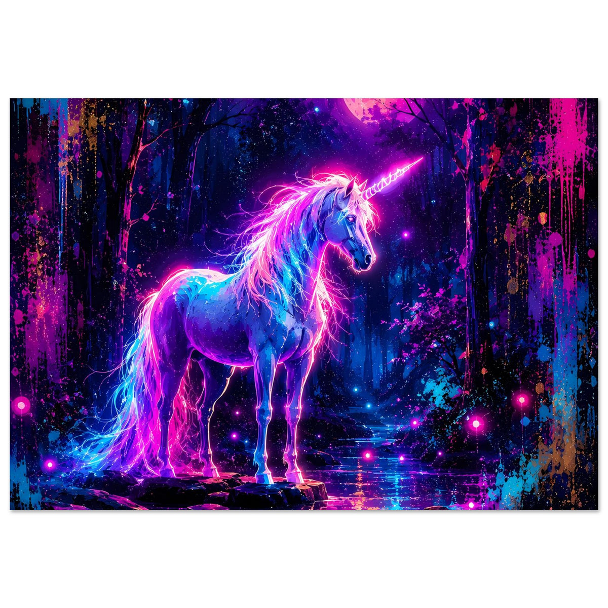 Neon-Einhorn-Poster mit Einhorn im Vordergrund, Vollmond und bunte Spiegelung am Boden.