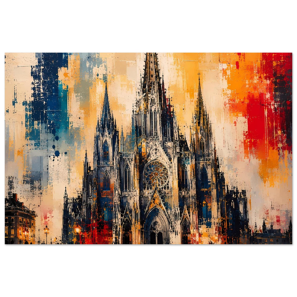 Breites Poster mit gotischer Kathedrale, zentrierte Fassade, kräftige Farbflecken in Blau und Rot