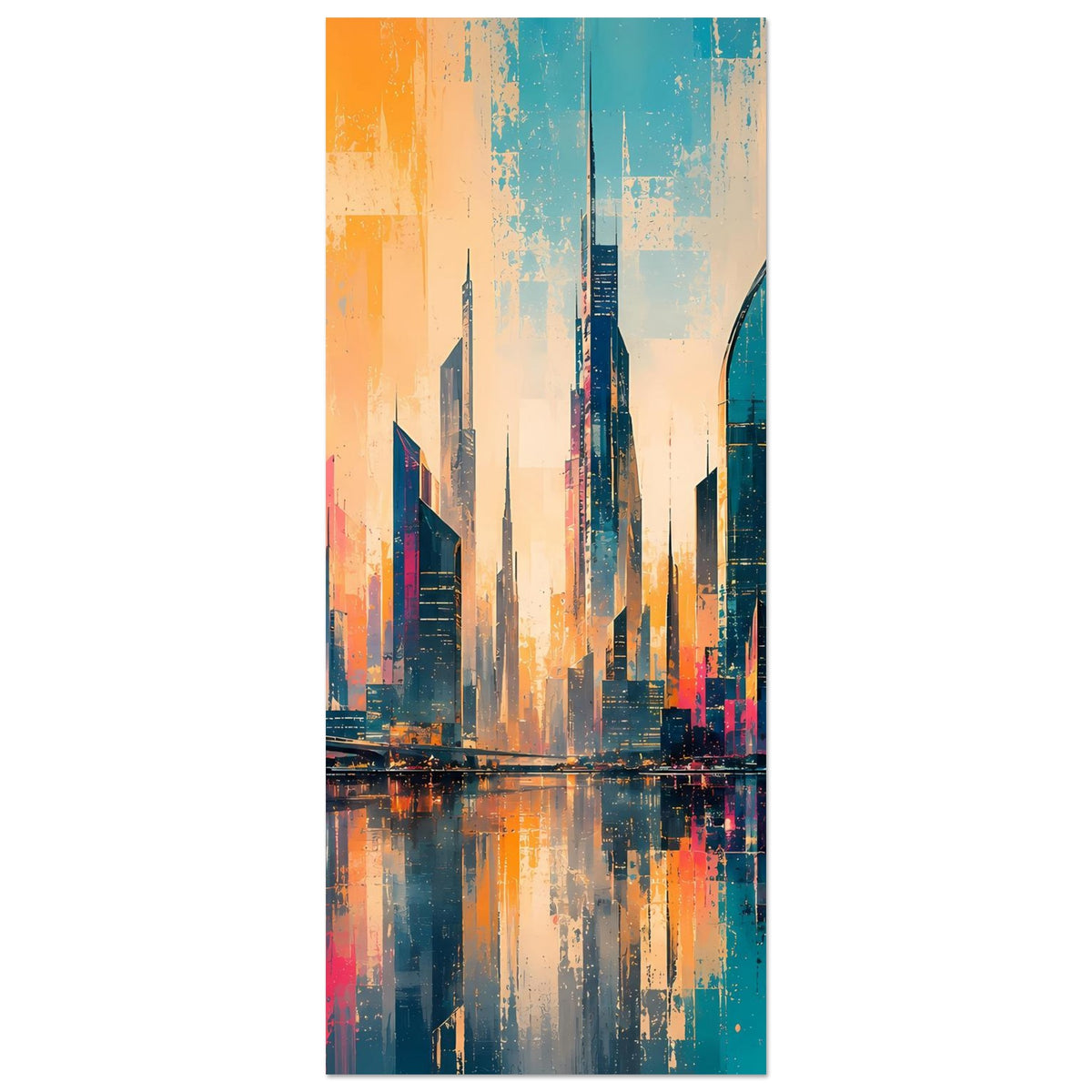Vertikales Stadtpanorama-Poster mit futuristischer Skyline und Spiegelung, Sunset-Farben