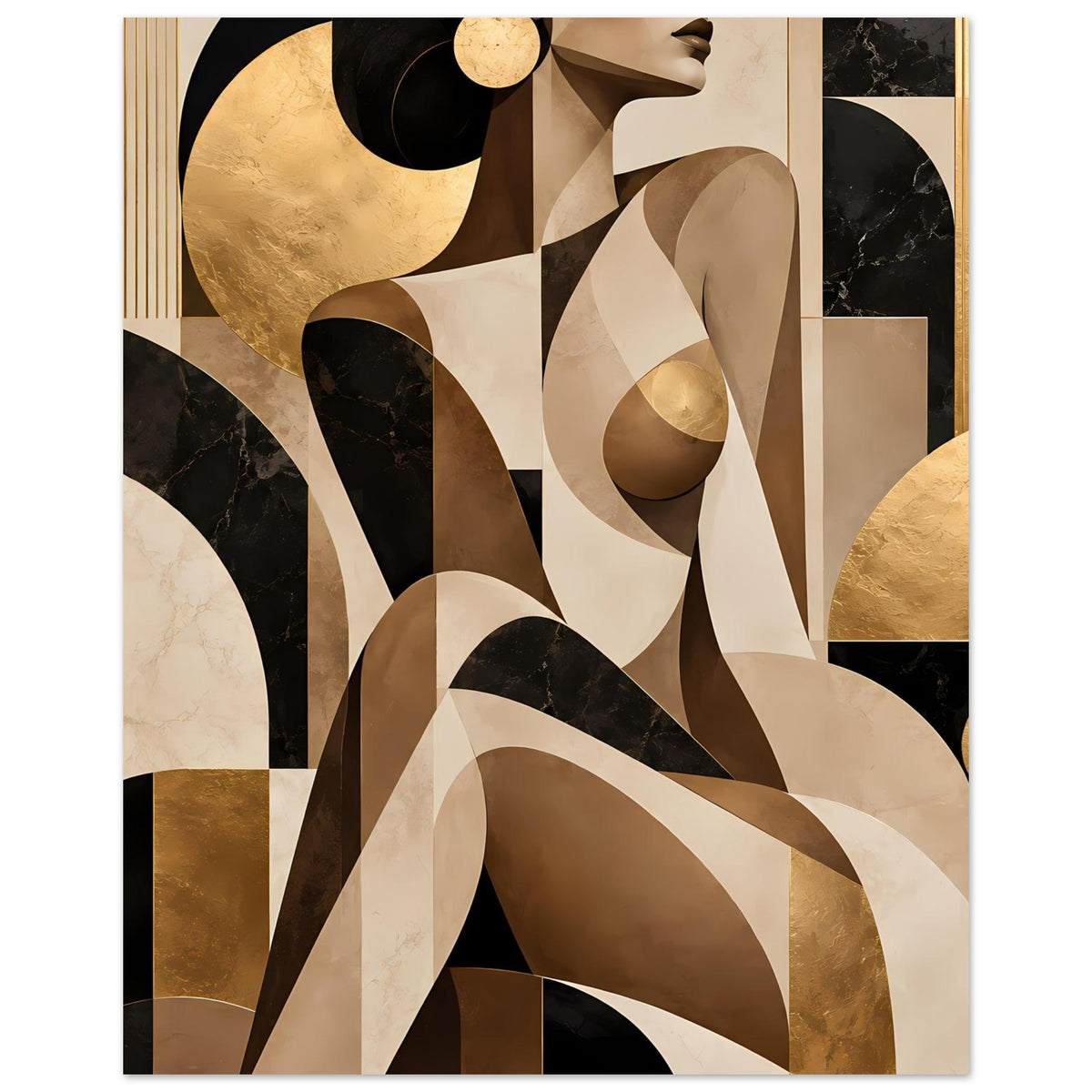 Abstraktes Kunstposter mit goldenen Kreisen und schwarzen Flächen, beiger Hintergrund, geschwungene Formen (vertikal)