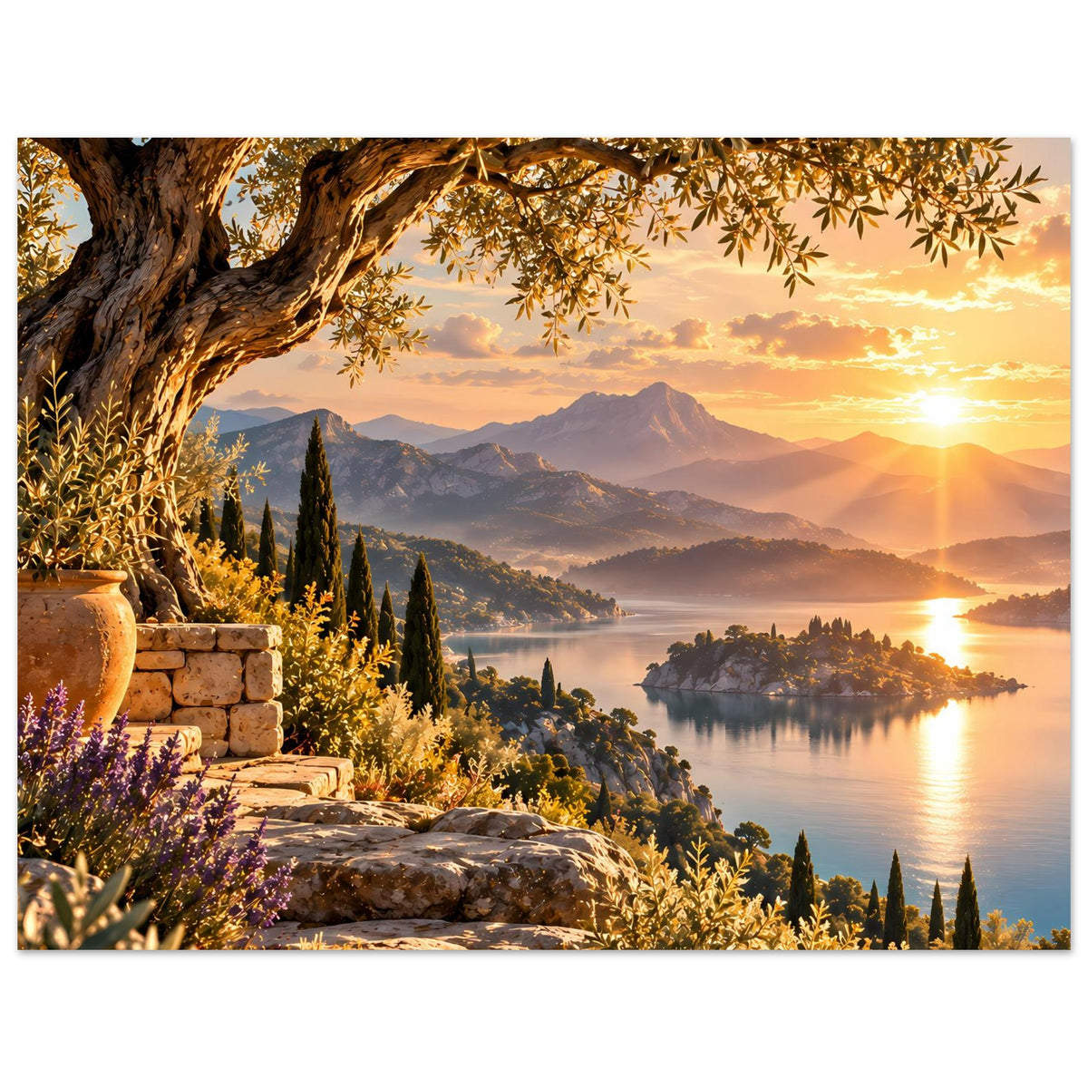 Querformat-Poster mit Sonnenuntergang, See und Bergkulisse, Baumkrone, Steinmauer und Uferbäume