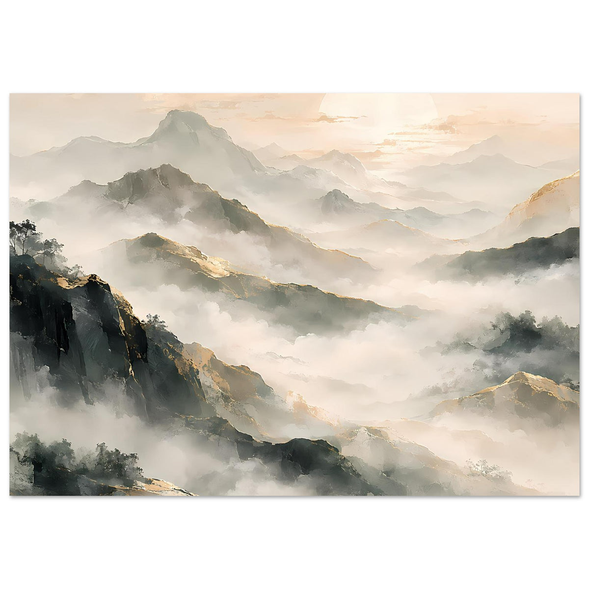 Horizontales Poster mit Bergpanorama, nebliger Talebene und sanftem Sonnenaufgang