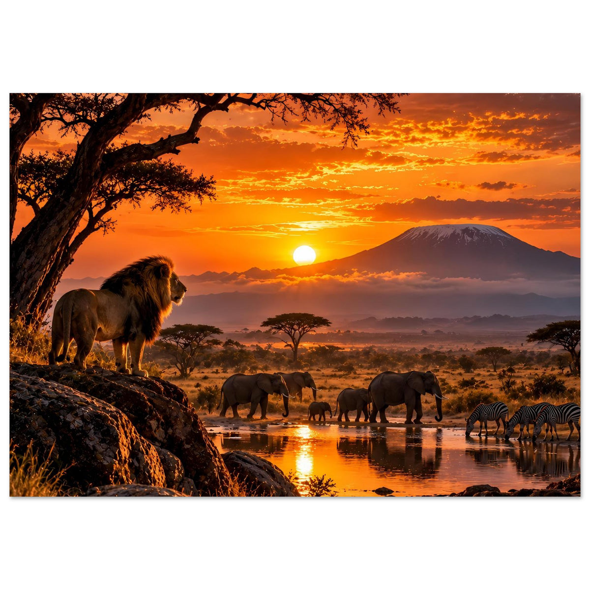 Eingerahmtes Safari-Poster mit Löwen, Elefanten und Zebras am Fluss bei Sonnenuntergang