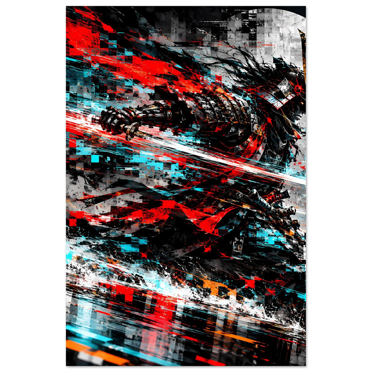 Wandposter mit Samurai-Actiongrafik in Rot, Cyan und Schwarz, flächiger, grafischer Stil.