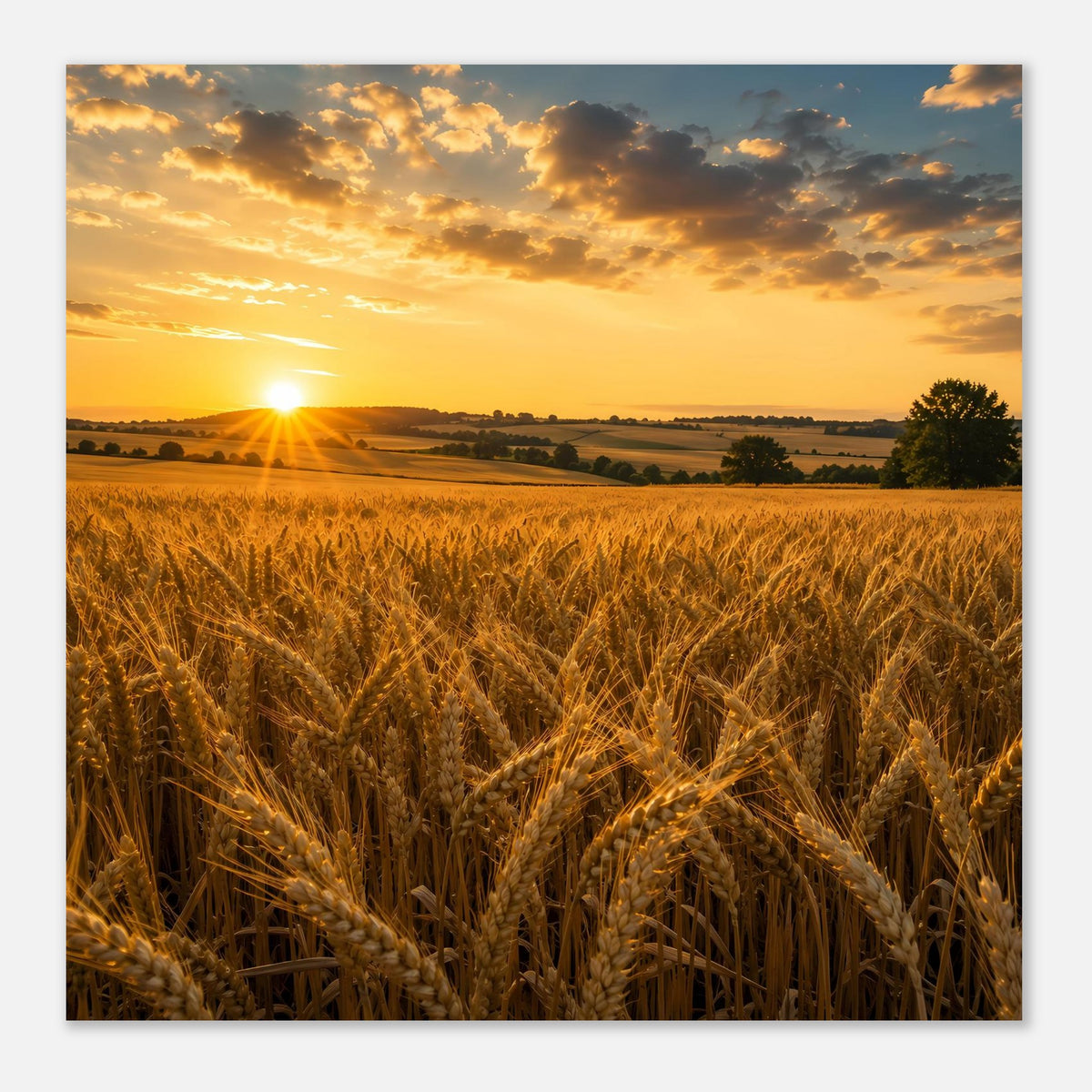 Wandposter Nahansicht Weizenfeld, Sonnenaufgang mit Ähren im Vordergrund