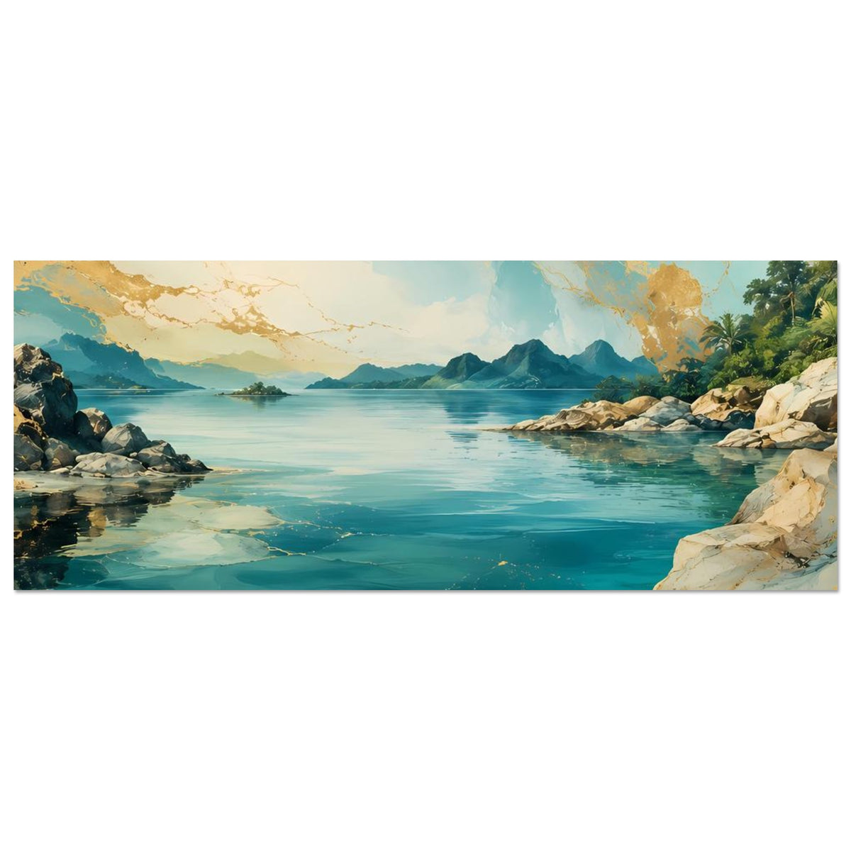 Küstenposter im Querformat mit türkisfarbenem Wasser, Felsen und Bergsilhouette