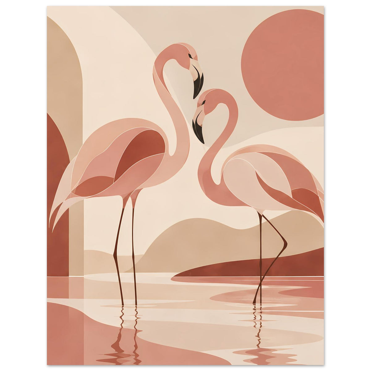 Naturposter mit zwei Flamingos, ruhige Wasserfläche und große orangefarbene Kreise