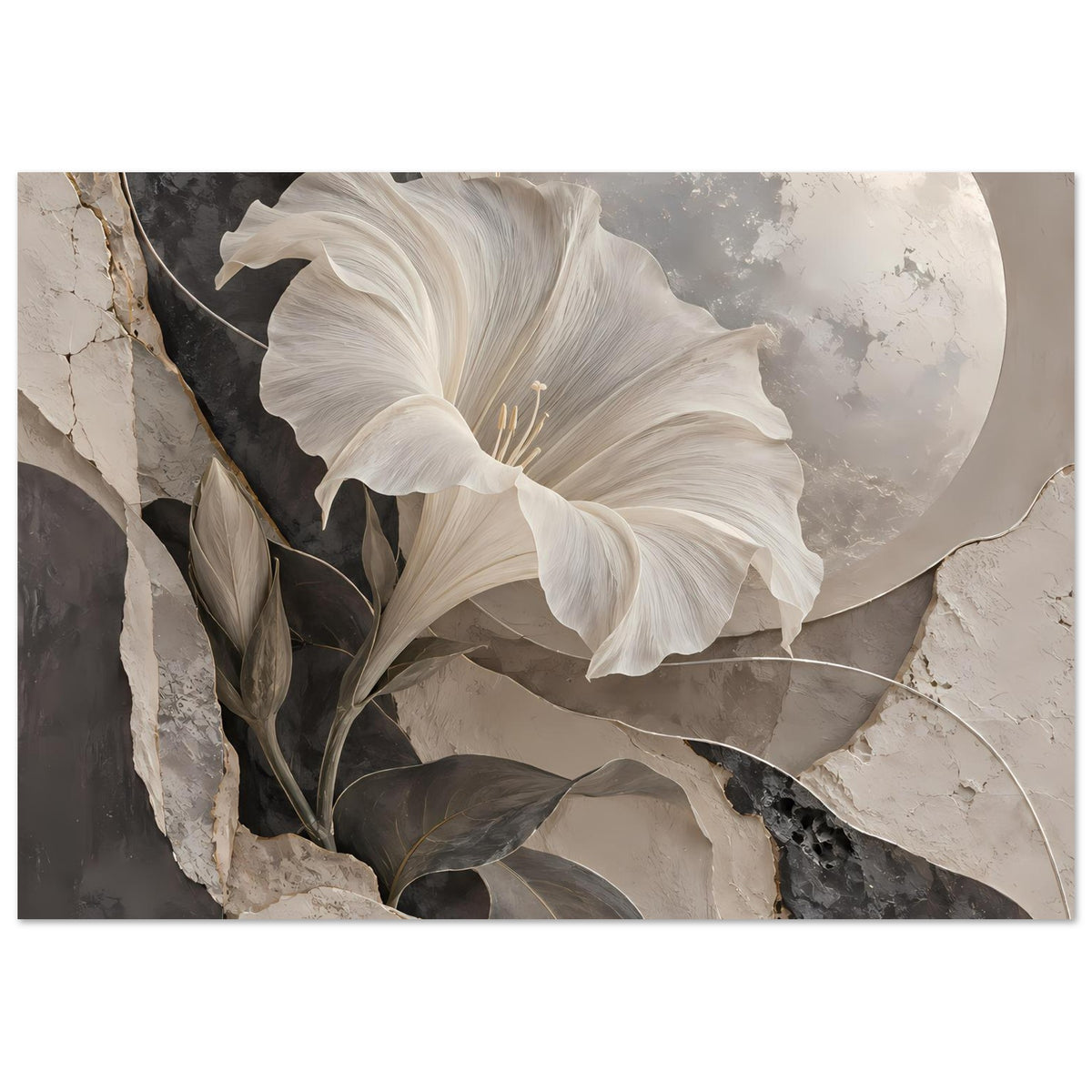 Kunstposter im Querformat mit weißen Lilienblüten, dunklen Blättern und hellem Mondkreis