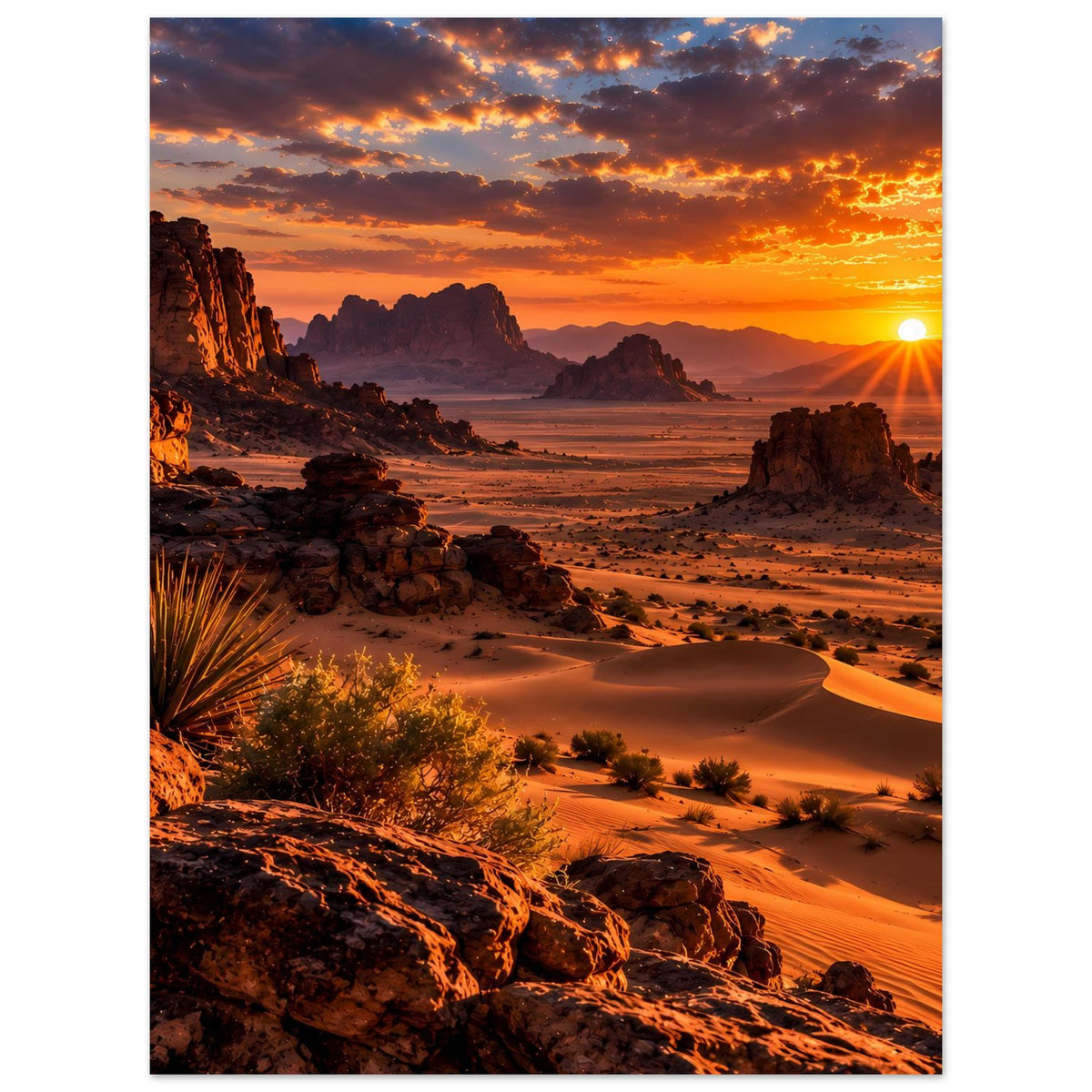 Poster im Hochformat mit Wüstendünen, Kakteen und Felsformationen bei Sonnenuntergang