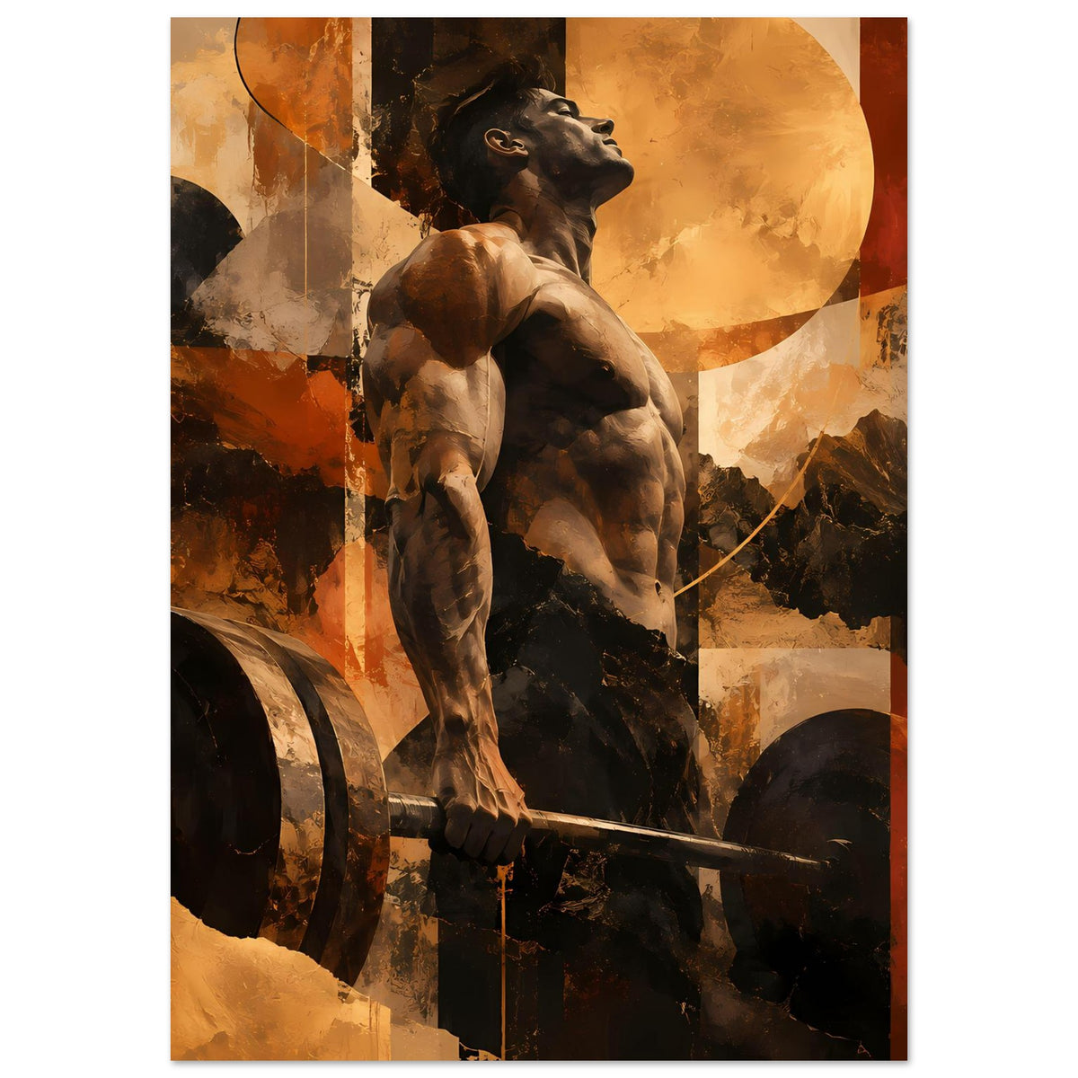 Fitness-Artposter: stehender Hund mit Hantel, warmes Abstrakt-Design mit Kreisen