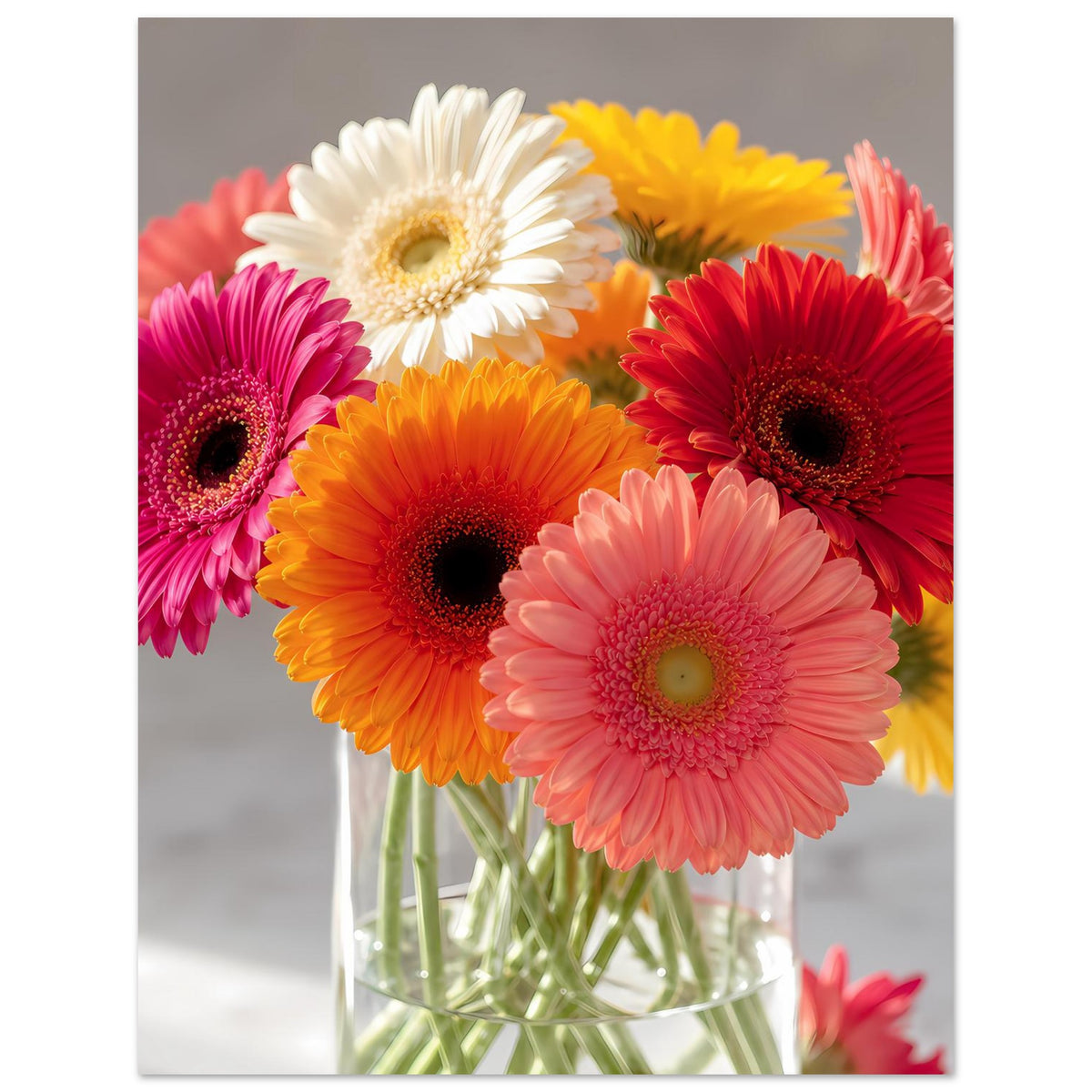Gerbera-Blumenstrauß-Poster mit Glasvase, Gerbera in pinken, orangefarbenen, roten und weißen Tönen