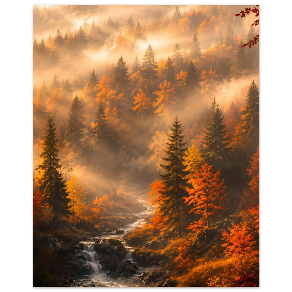Herbstwald-Poster im Hochformat: Tannen im Lichtschimmer, Nebel und Wasser im Vordergrund