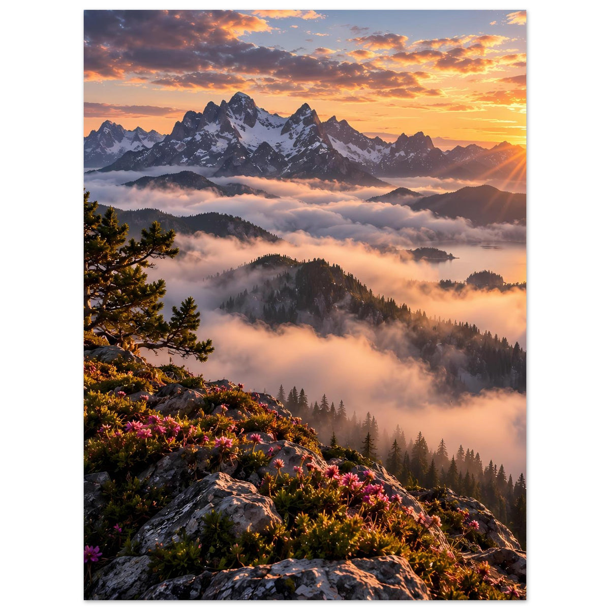 Hochformat-Poster: Sonnenaufgang, Berge im Hintergrund, Nebelmeer, Fichten und Blüten