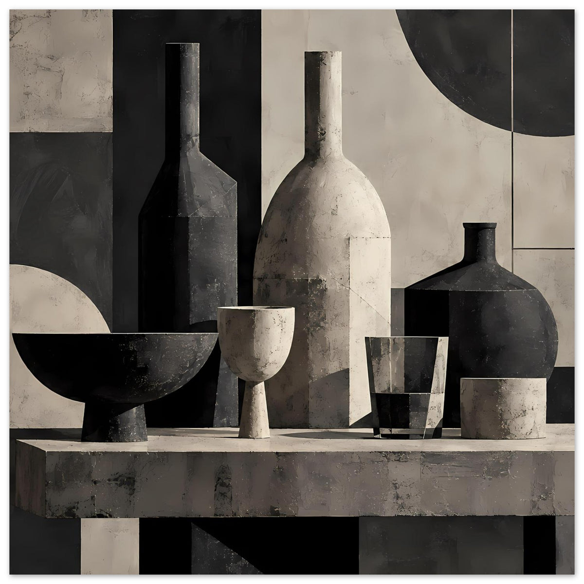 Still-Life-Poster Querformat: Vasen, Flaschen und Gläser auf einer hellen Leiste