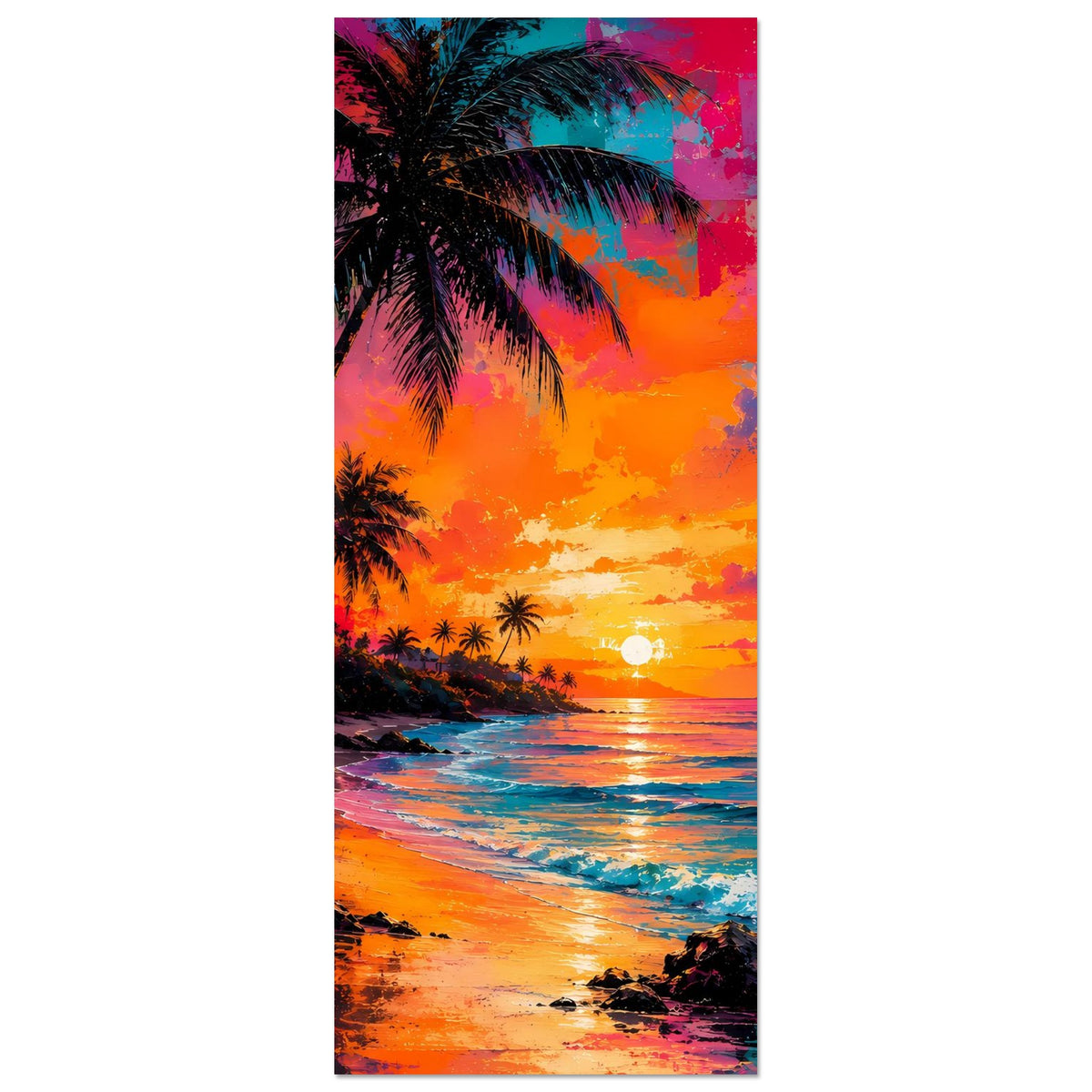 Vertikales Poster (hochkant): tropischer Strand mit Palmen und neonfarbener Abendsonne