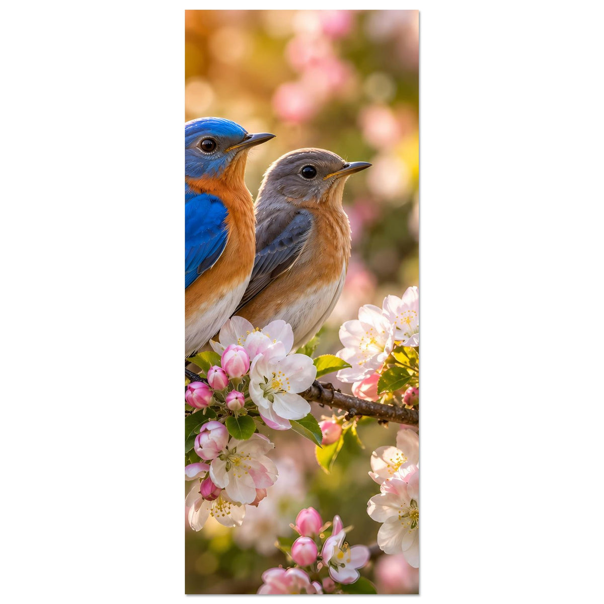 Vertikales Poster mit zwei Vögeln auf Ast voller rosa und weißer Blüten