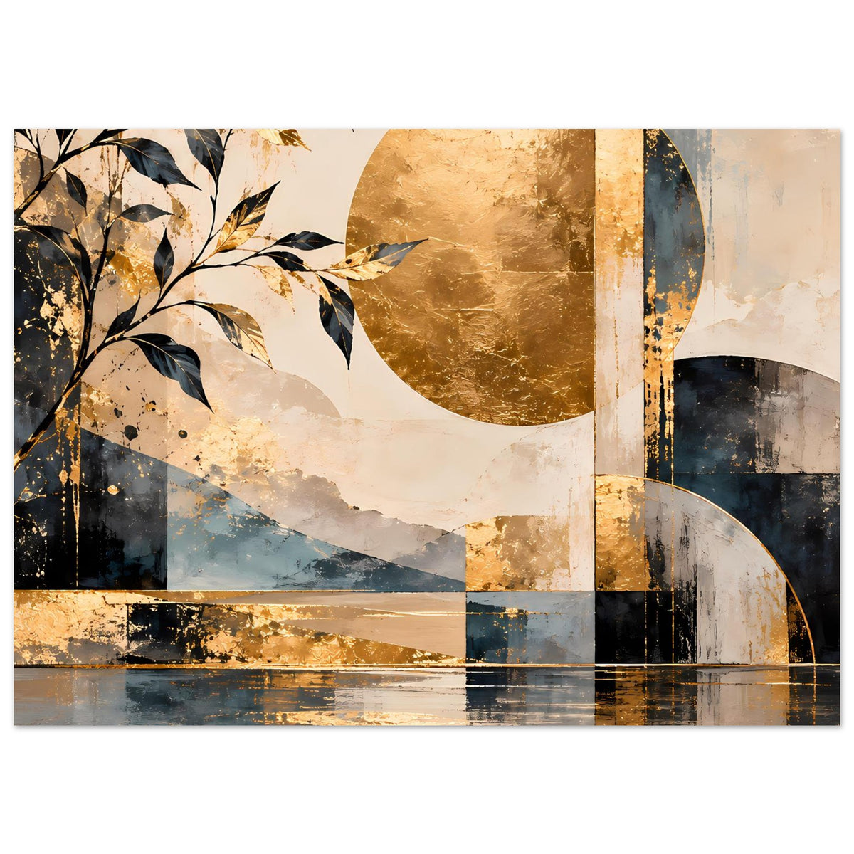 Kunstposter im Querformat mit goldenen Formen, blauem Gittermuster und reflektierenden Streifen