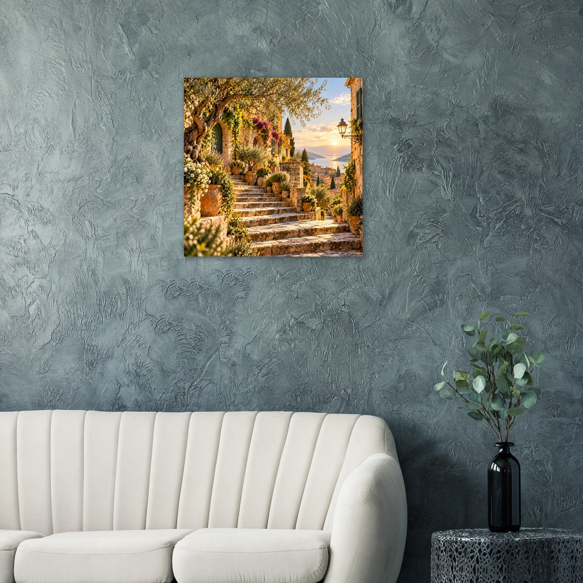 Sonnenuntergangs-Poster mit mediterranem Gartenweg und Treppenstufen, quadratisch