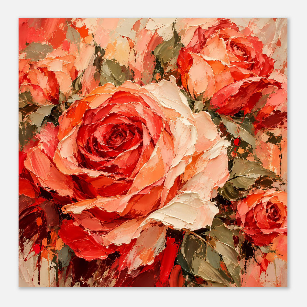 Gerahmtes Poster im Querformat, Close-up Rosen in Rot, Orange und Creme mit Pinselstruktur