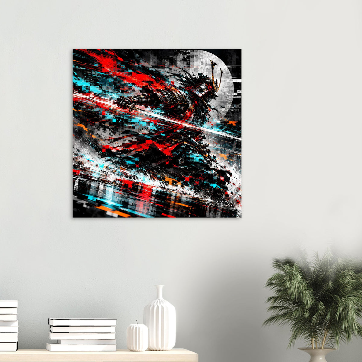 Quadratisches Samurai-Action-Poster mit roter und cyanfarbener Spritzgrafik, schwarzem Rand