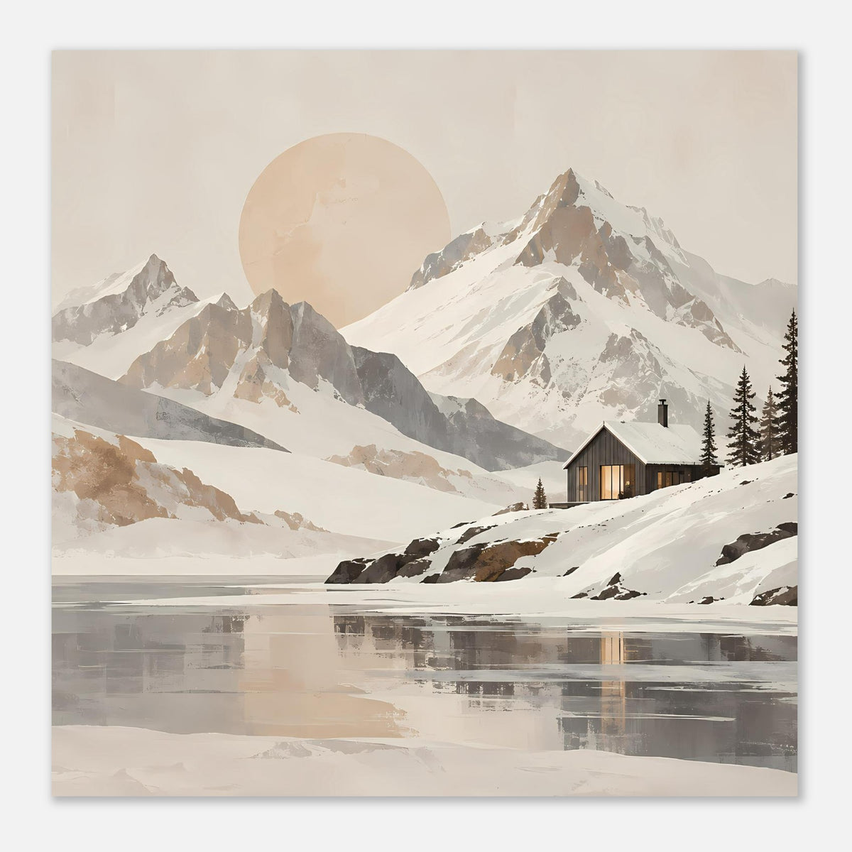 Querformat-Berglandschafts-Poster mit Winterhaus, hohen Gipfeln, Sonne im Kreis und Seespiegel