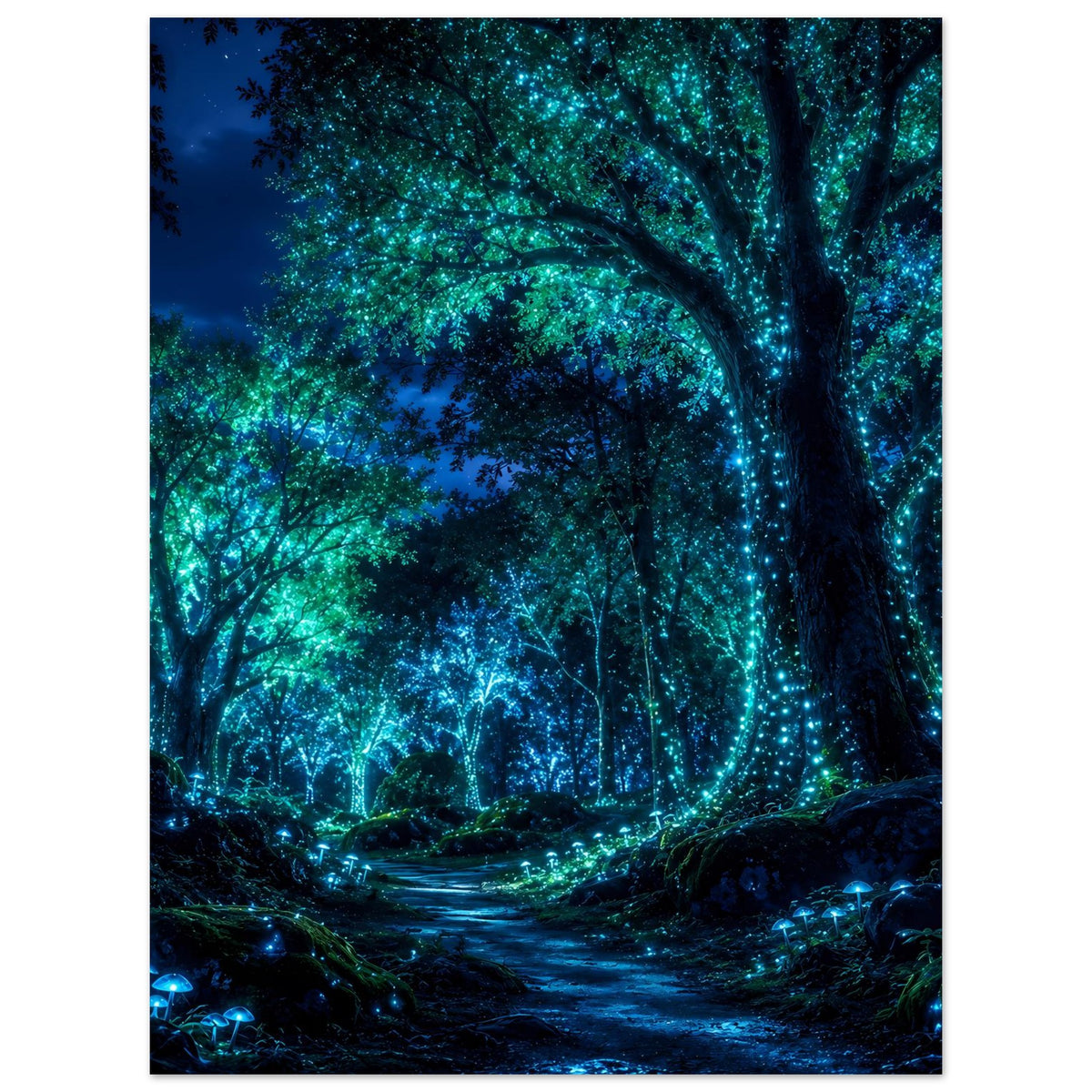 Nachtposter mit leuchtendem Wald, blau-grüner Baumkrone und Pfad im Dunkeln